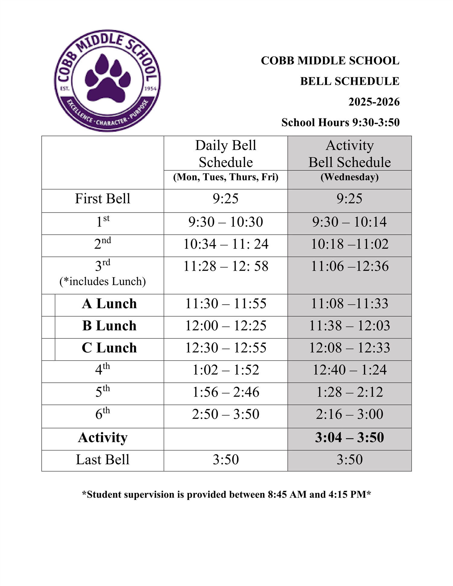 2025-2026 Bell Schedule